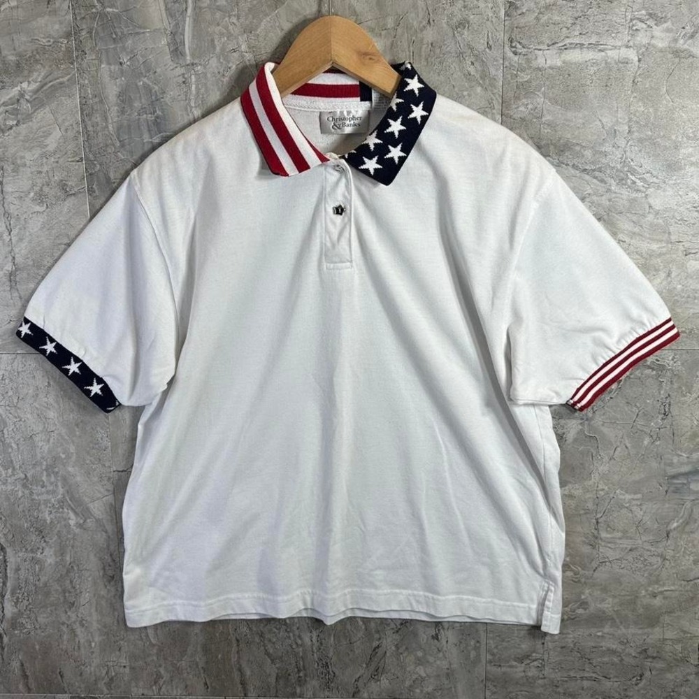 Christopher & Banks white polo shirt with red and blue accents Woman's Size XL